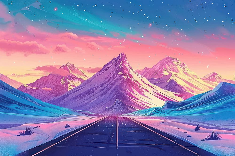 Illustration View of road leading towards snowy mountains landscape nature sky.