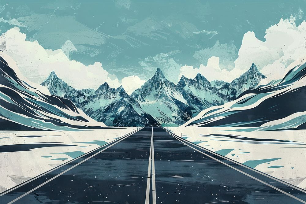 Illustration View of road leading towards snowy mountains landscape glacier nature.