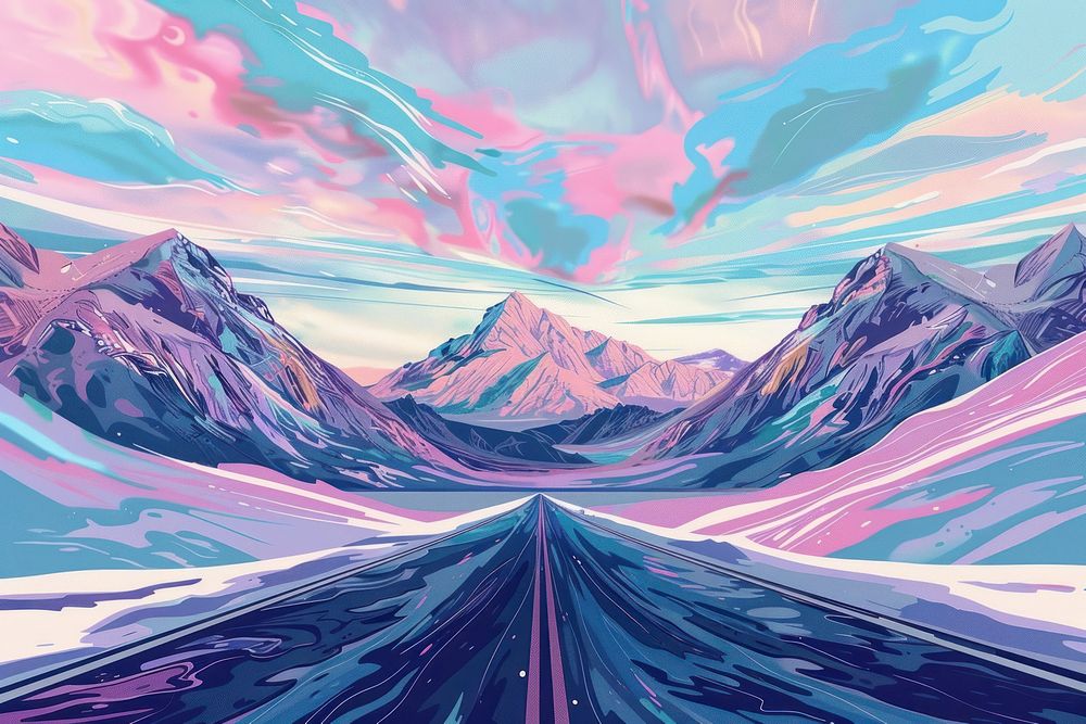 Illustration View of road leading towards snowy mountains backgrounds landscape painting.