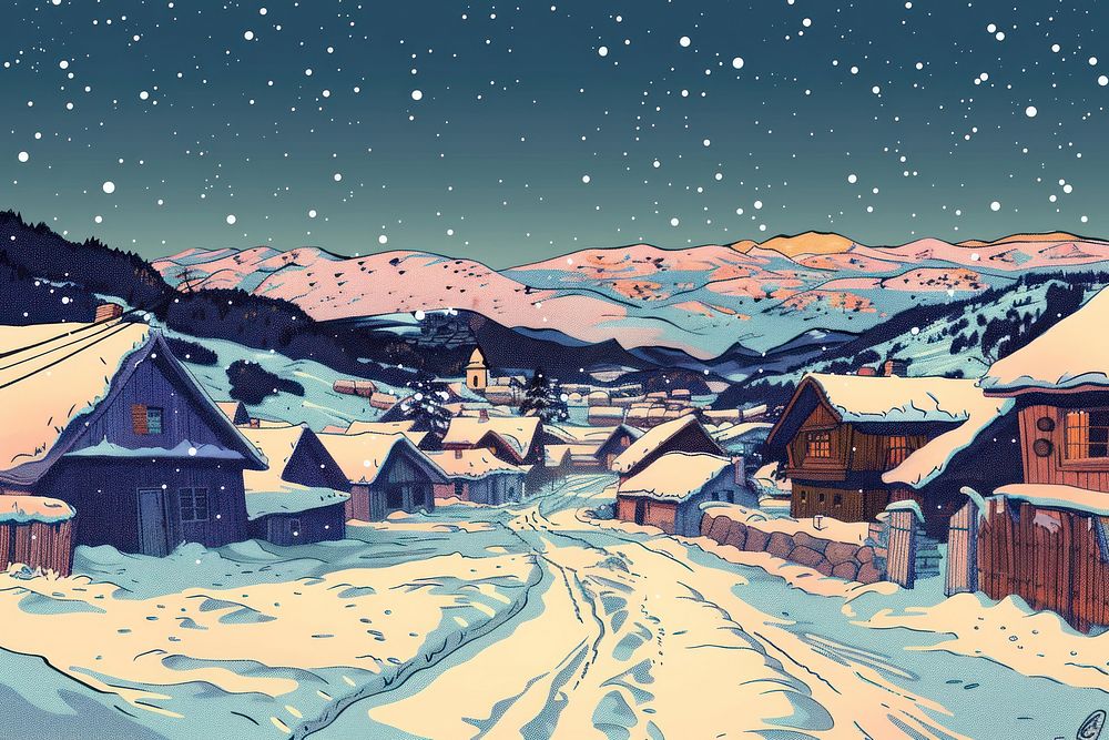 Illustration village in winter with a lot of snow and mountains in background architecture building outdoors.