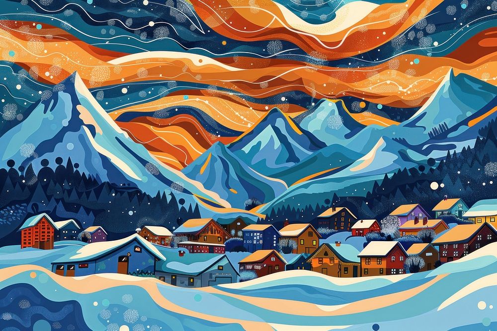 Illustration village in winter with a lot of snow and mountains in background painting art outdoors.