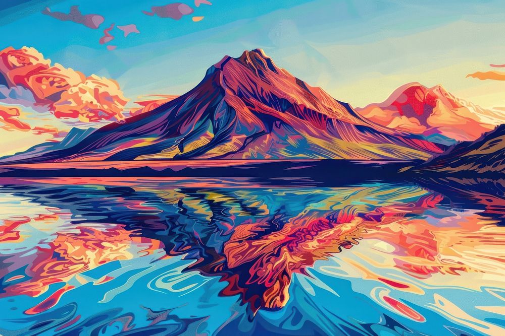 Illustration Volcanic mountain in morning light reflected in calm waters of lake painting outdoors nature.