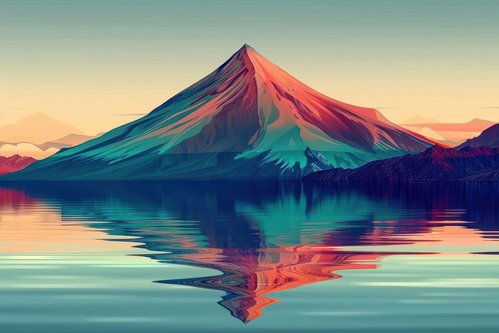 Illustration Volcanic mountain in morning light reflected in calm waters of lake landscape outdoors painting.