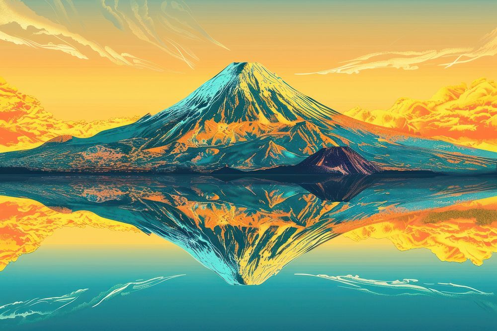 Illustration Volcanic mountain in morning light reflected in calm waters of lake landscape outdoors nature.