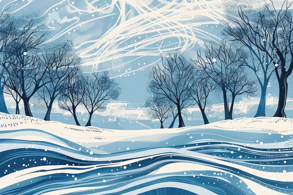 Illustration winter view with trees and snow backgrounds landscape outdoors.