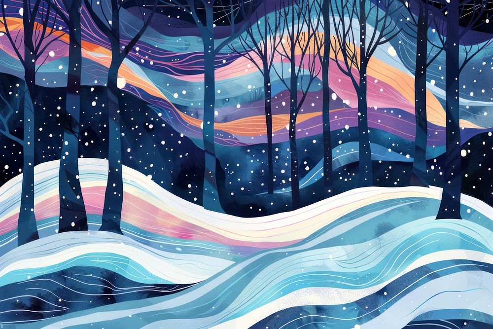 Illustration winter view with trees and snow painting art backgrounds.