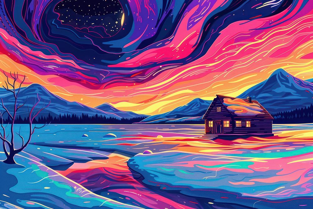 Illustration winter cabin by the lake at snow night painting architecture building.