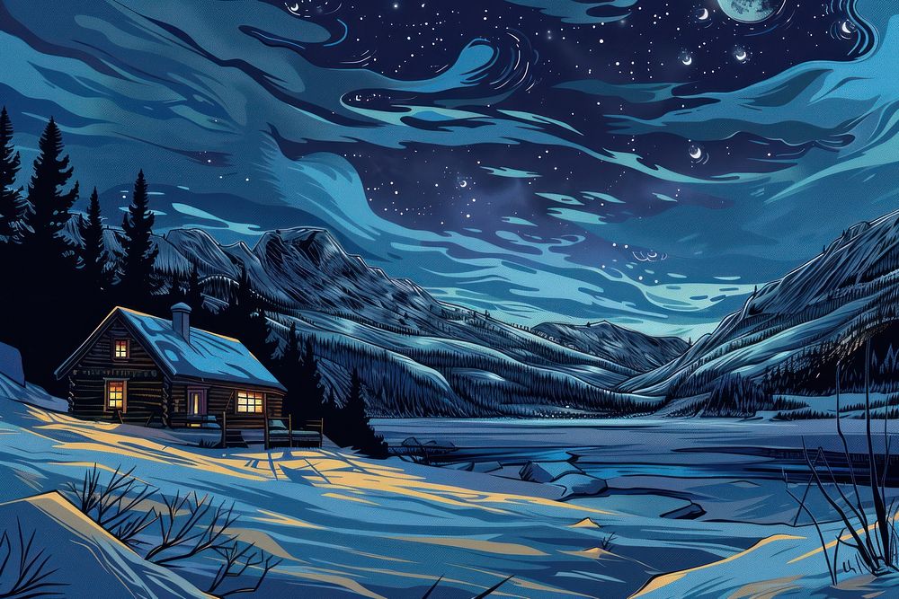 Illustration winter cabin by the lake at snow night architecture building nature.