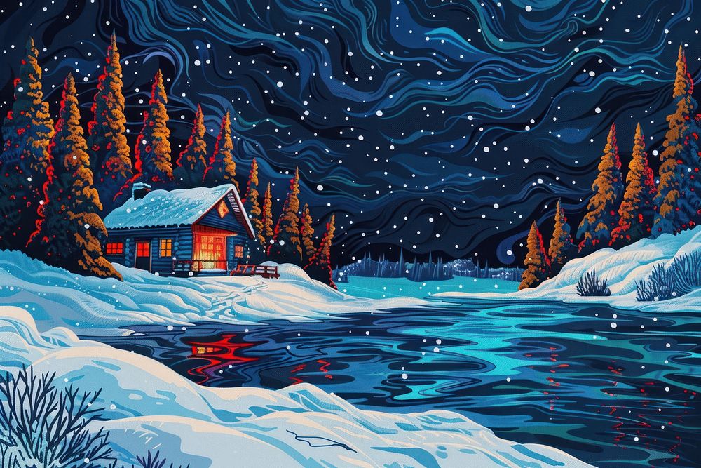 Illustration winter cabin by the lake at snow night architecture landscape building.