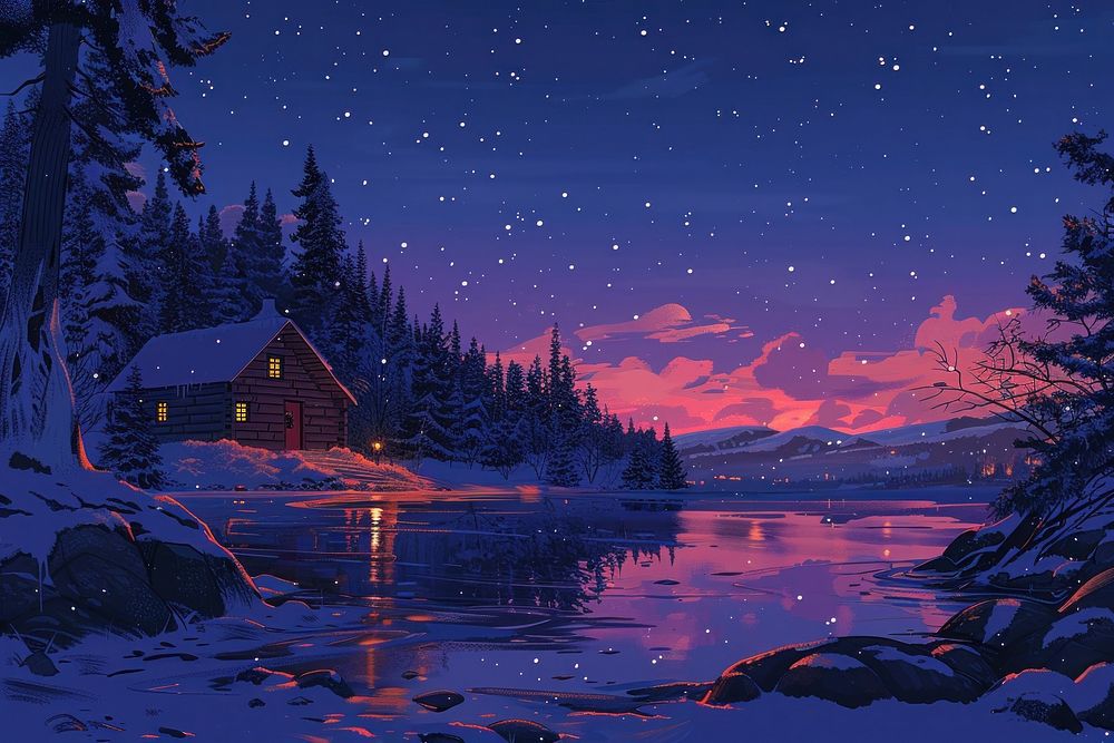 Illustration winter cabin by the lake at snow night landscape outdoors nature.