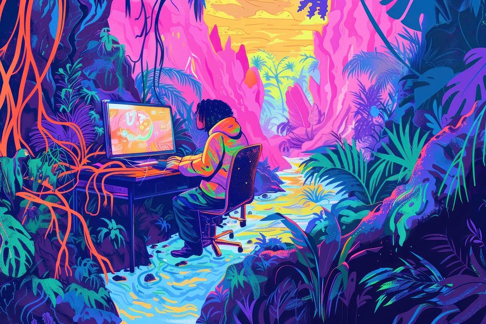 Illustration Worker co with computer on table in jungle painting cartoon purple.
