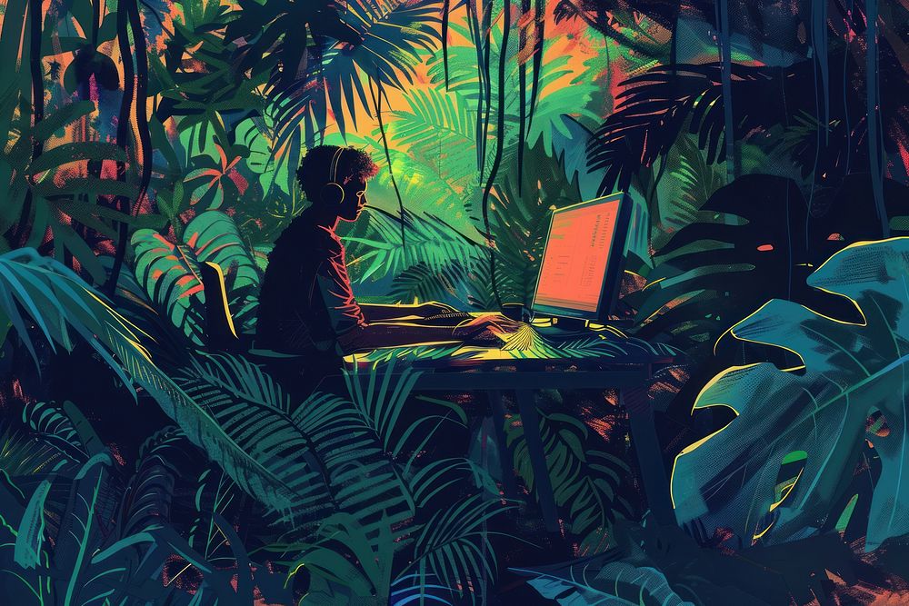 Illustration Worker co with computer on table in jungle outdoors nature laptop.