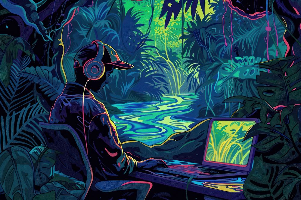 Illustration Worker co with computer on table in jungle art painting graphics.