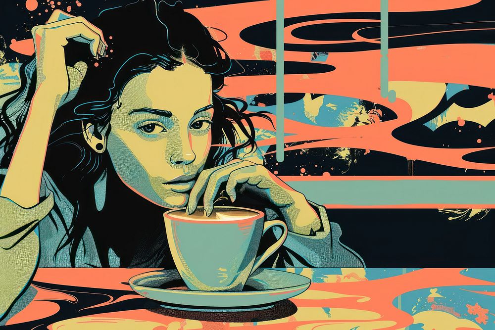 Illustration young woman enjoying a cappuccino in a coffee shop painting art cartoon.