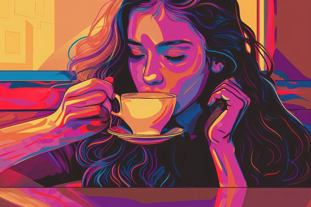 Illustration young woman enjoying a cappuccino in a coffee shop painting cartoon drink.