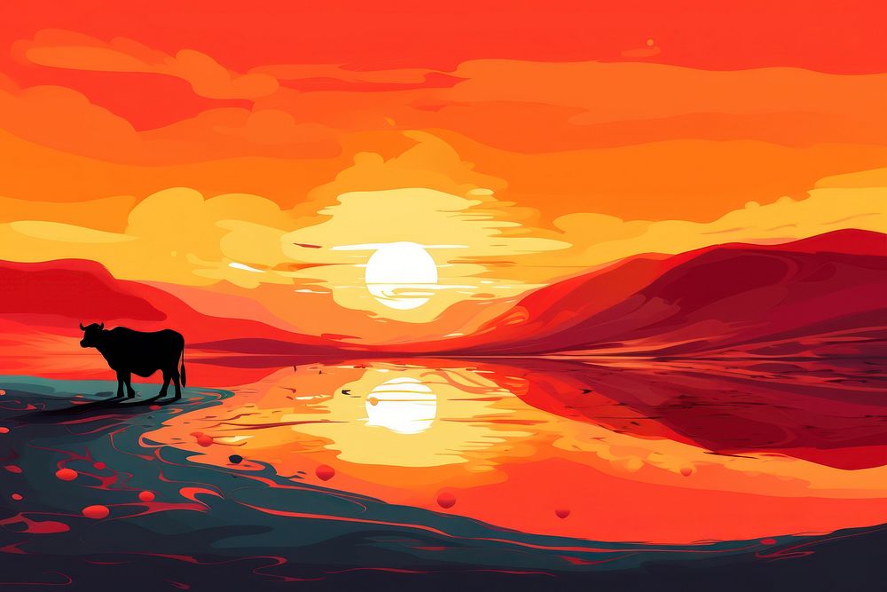 Lonely cow grazing in the setting sun in the style of graphic novel outdoors painting cartoon.