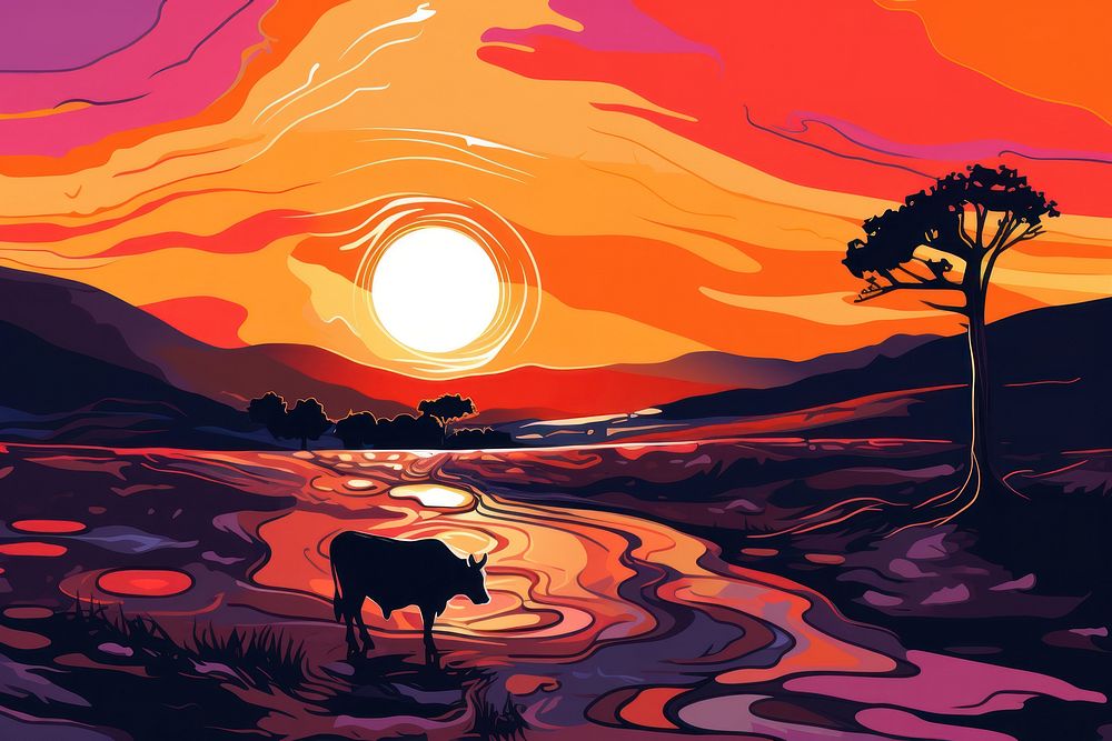 Lonely cow grazing in the setting sun in the style of graphic novel landscape outdoors painting.