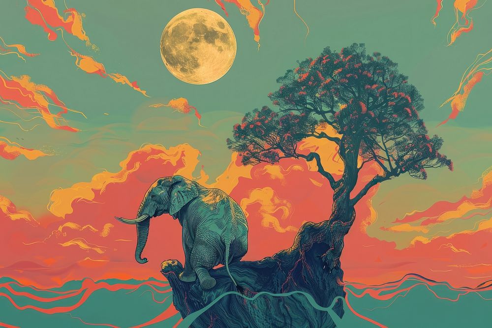Lonely elephant siting on tree in the style of graphic novel painting art outdoors.