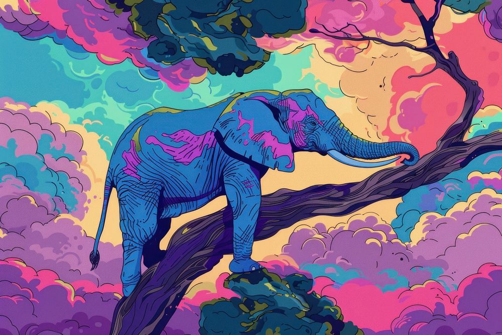 Lonely elephant siting on tree in the style of graphic novel art wildlife painting.