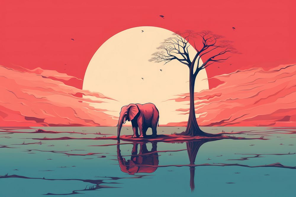 Lonely elephant siting on tree in the style of graphic novel wildlife outdoors painting.