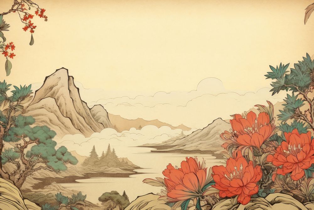 Ukiyo-e art print style Azalea flower landscape painting.