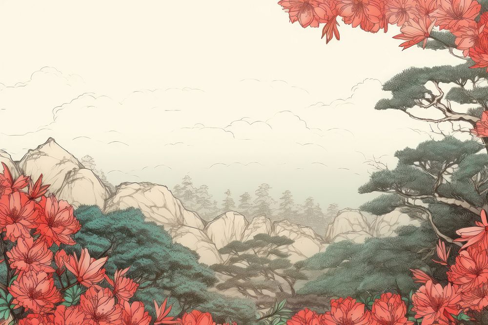 Ukiyo-e art print style Azalea backgrounds landscape outdoors.