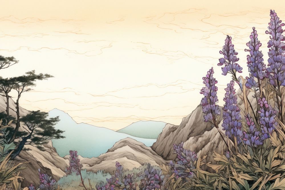 Ukiyo-e art print style Bluebells landscape flower wilderness.