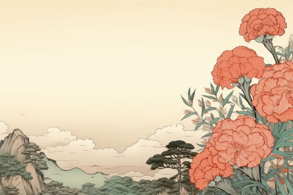 Ukiyo-e art print style Carnation flower landscape carnation.