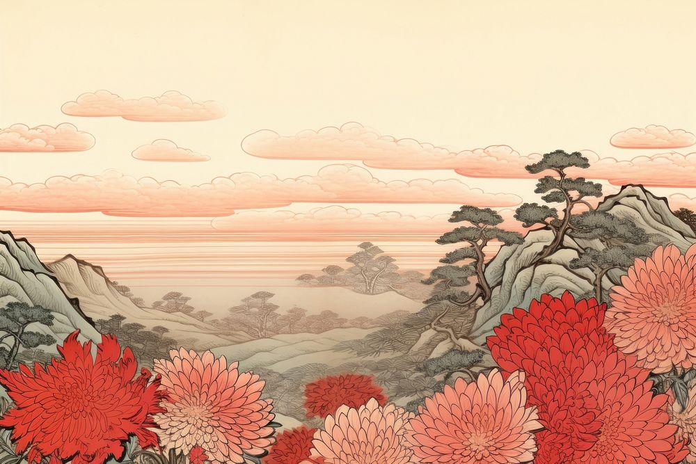 Ukiyo-e art print style Chrysanthemum flower landscape outdoors.
