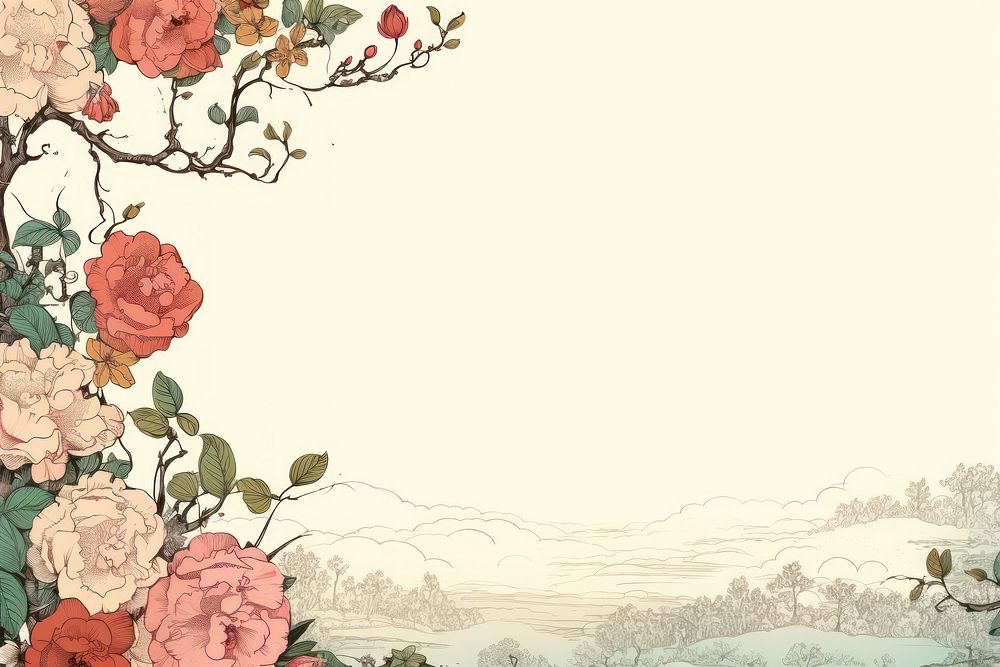 Ukiyo-e art print style Climbing Rose flower backgrounds landscape.