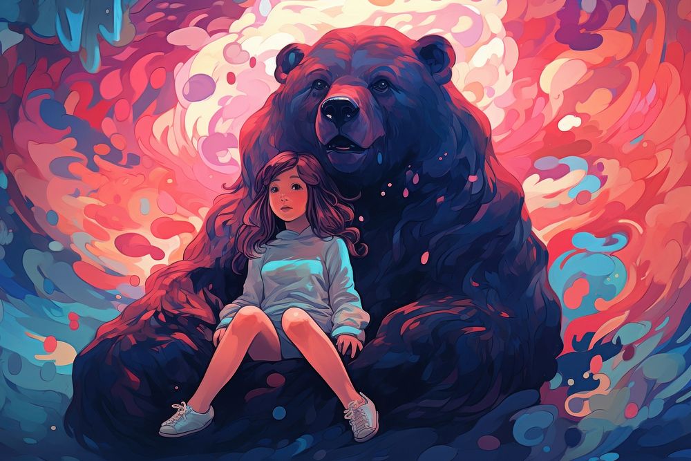 Little girl and bear in the style of graphic novel painting cartoon representation.