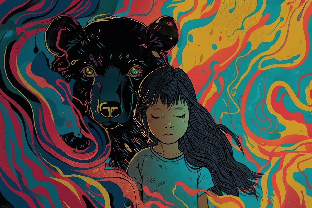 Little girl and bear in the style of graphic novel art painting graphics.