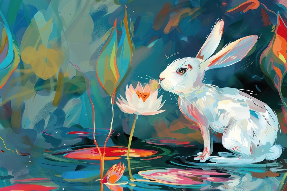 Little rabbit smelling a flower in the garden in the style of graphic novel painting cartoon animal.