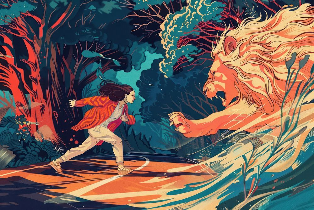 Lion and woman running on a street in forest in the style of graphic novel art cartoon representation.