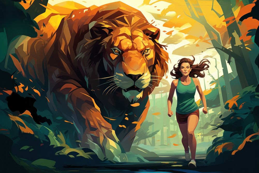Lion and woman running on a street in forest in the style of graphic novel cartoon mammal plant.
