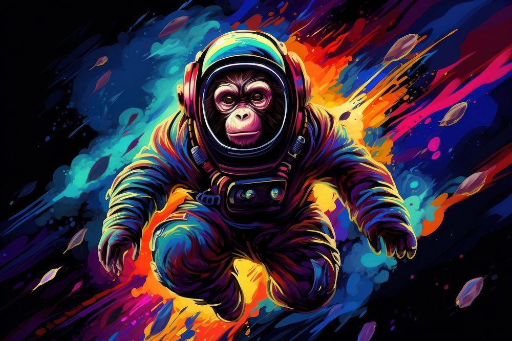 Monkey floating in space in the style of graphic novel graphics cartoon futuristic.