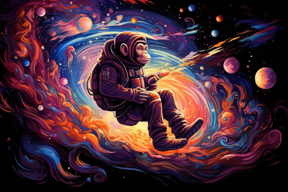 Monkey floating in space in the style of graphic novel art painting graphics.
