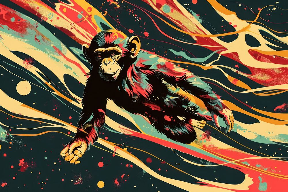 Monkey floating in space in the style of graphic novel painting cartoon mammal.