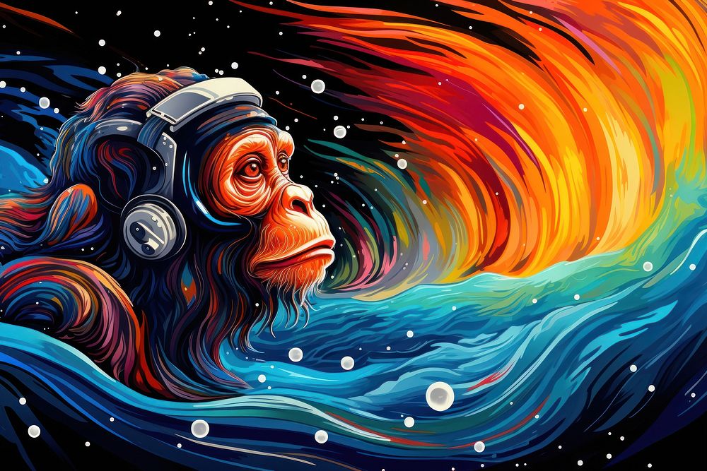 Monkey floating in space in the style of graphic novel painting graphics cartoon.