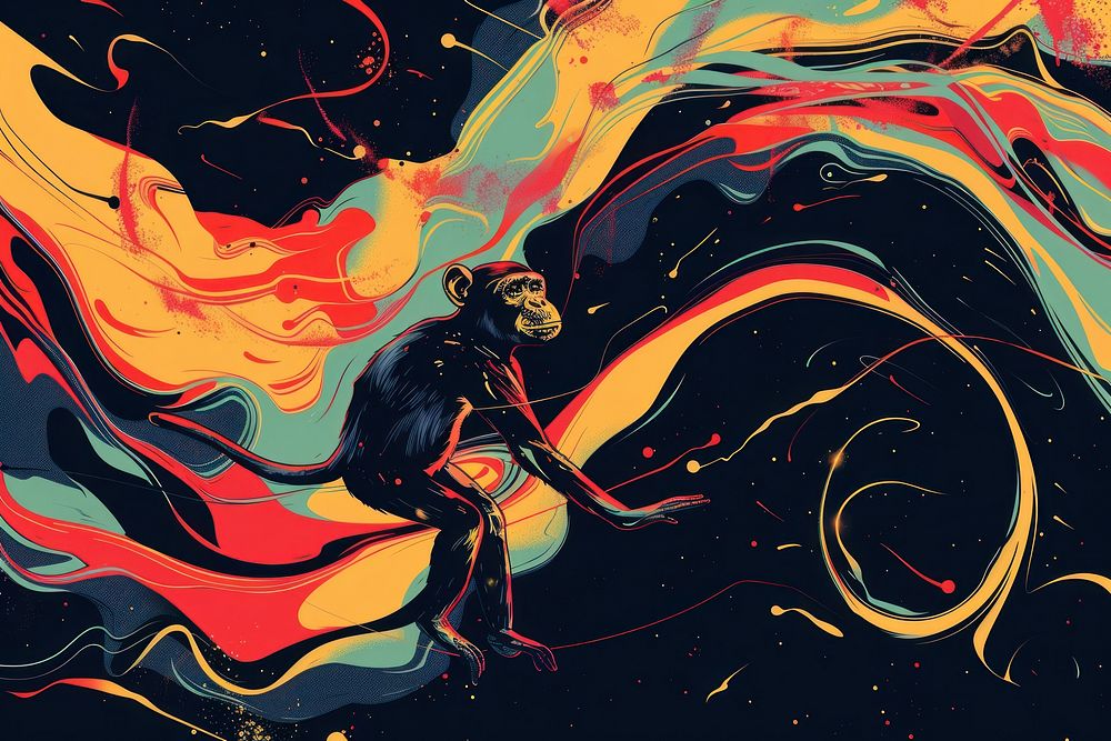 Monkey floating in space in the style of graphic novel painting art graphics.
