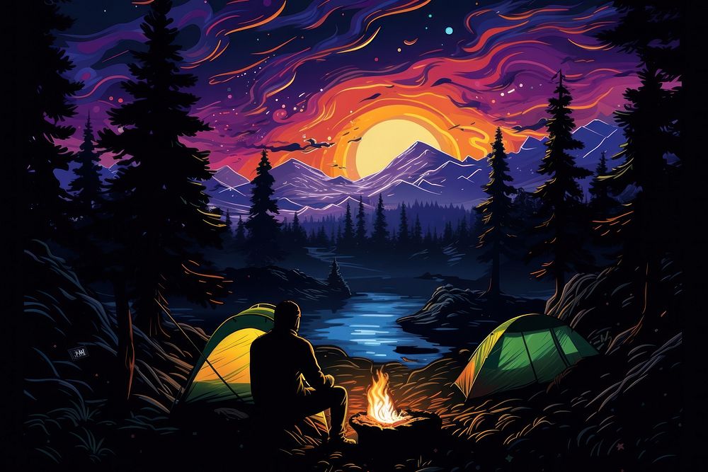 Man camping solo at night outdoors bonfire cartoon.