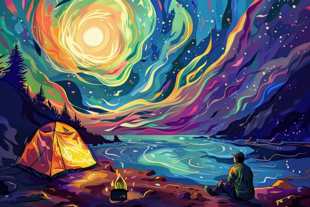Man camping solo at night painting art outdoors.