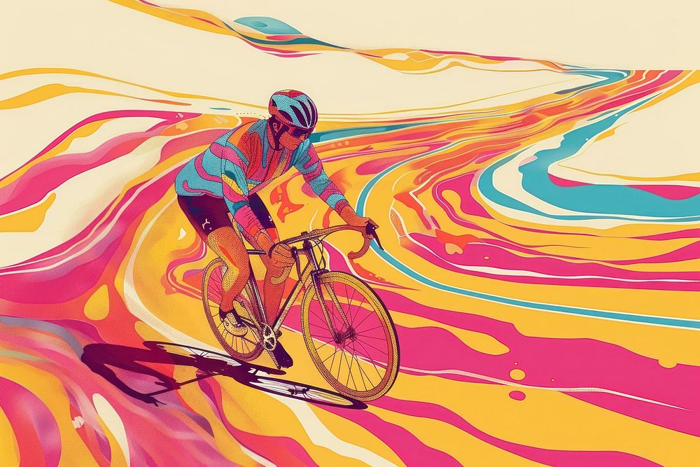 Man riding bike on sports track in park in the style of graphic novel painting cycling drawing.