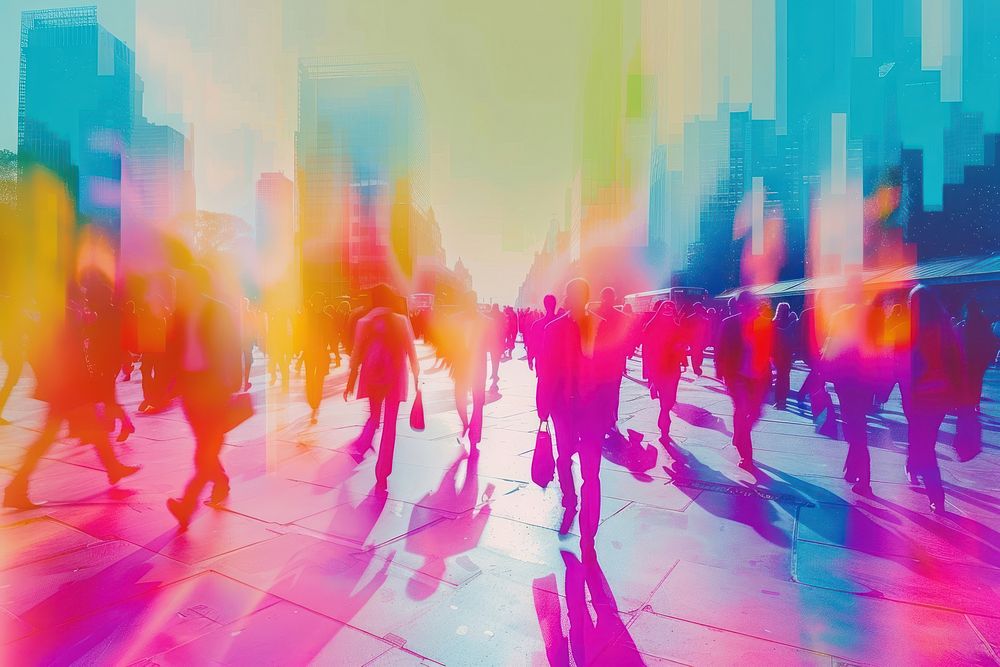 Retro collage of motion blur image of business people crowd walking at corporate office in city adult architecture…