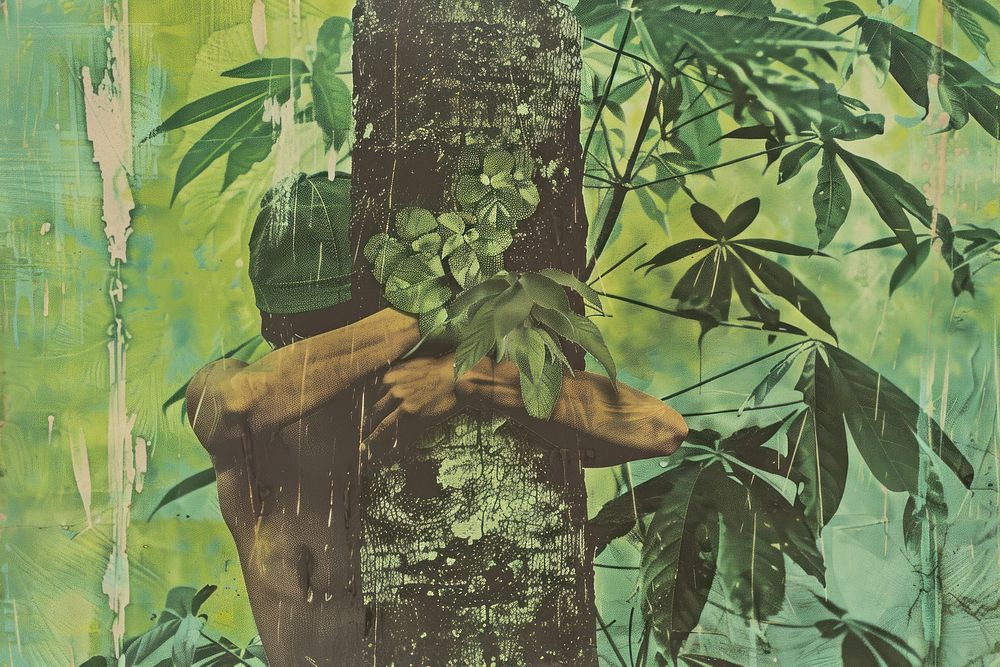 Retro collage of Nature lover hugging trunk tree with green musk in tropical woods forest nature outdoors plant.