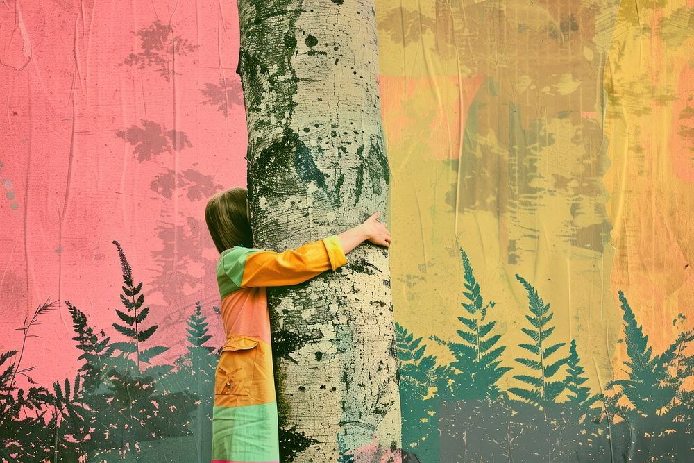Retro collage of Nature lover hugging trunk tree with green musk in tropical woods forest nature plant vegetation.