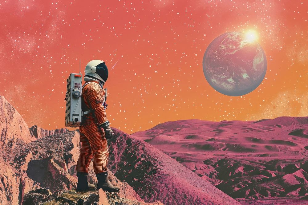 Retro collage of Astronaut on the new planet astronomy astronaut universe.
