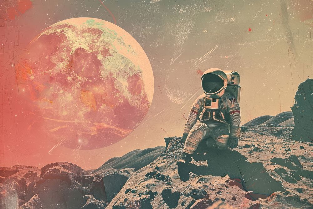 Retro collage of Astronaut on the new planet astronomy astronaut outdoors.