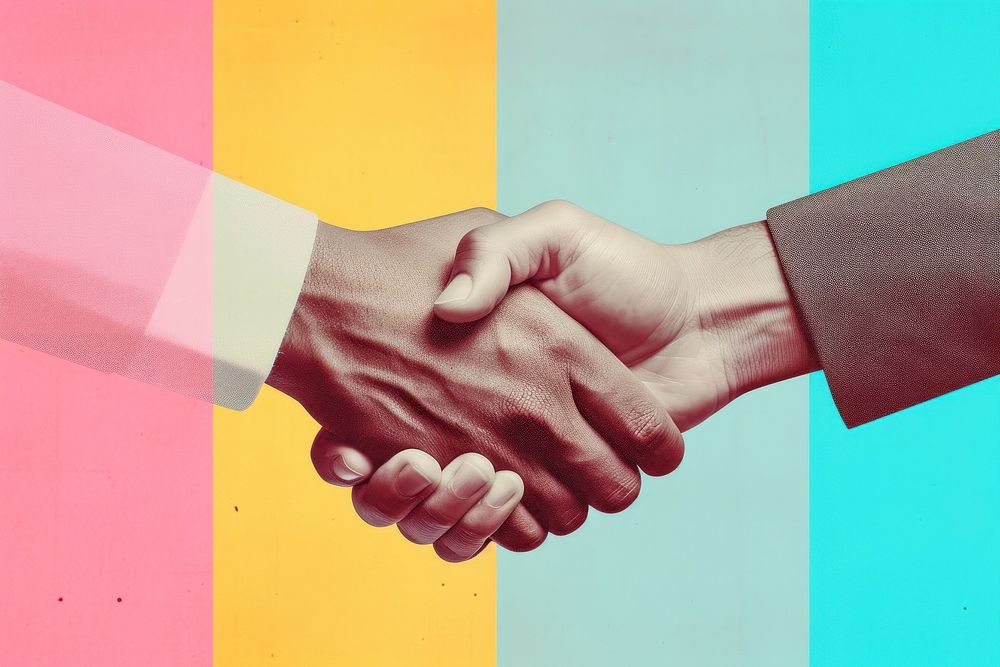 Retro collage of businessmen handshake togetherness accessories agreement.