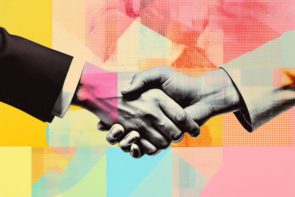 Retro collage of businessmen handshake togetherness agreement yellow.